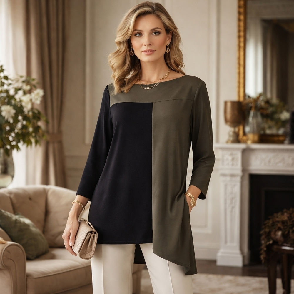 Tom and Linda Platt Olive Green Black Colorblock Tunic Top 8 Lagenlook‎
